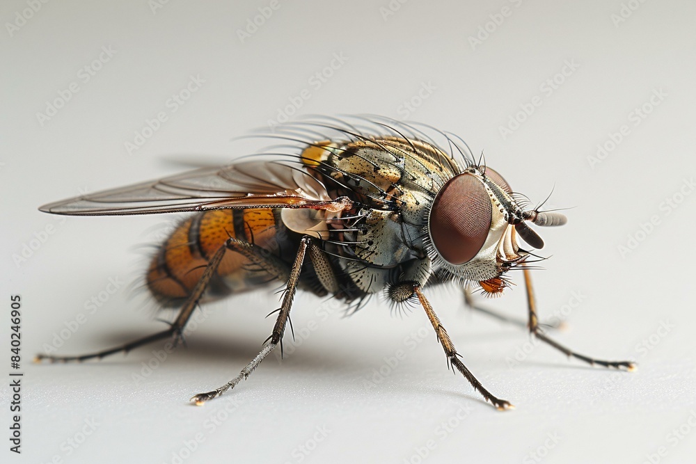 A close-up of a fly with a brown body and black wings, sitting on a white background. A close-up of a fly with a brown body and black wings, sitting on a white background.