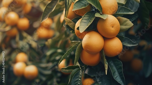 Fresh oranges hanging from branches, ripe and ready to eat