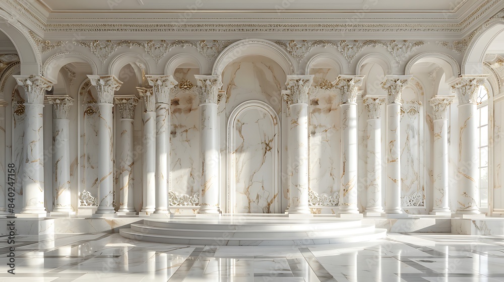 Fototapeta premium An elegant white marble podium in a grand museum setting, featuring classical columns and soft, ambient light, positioned centrally with plenty of copy space.