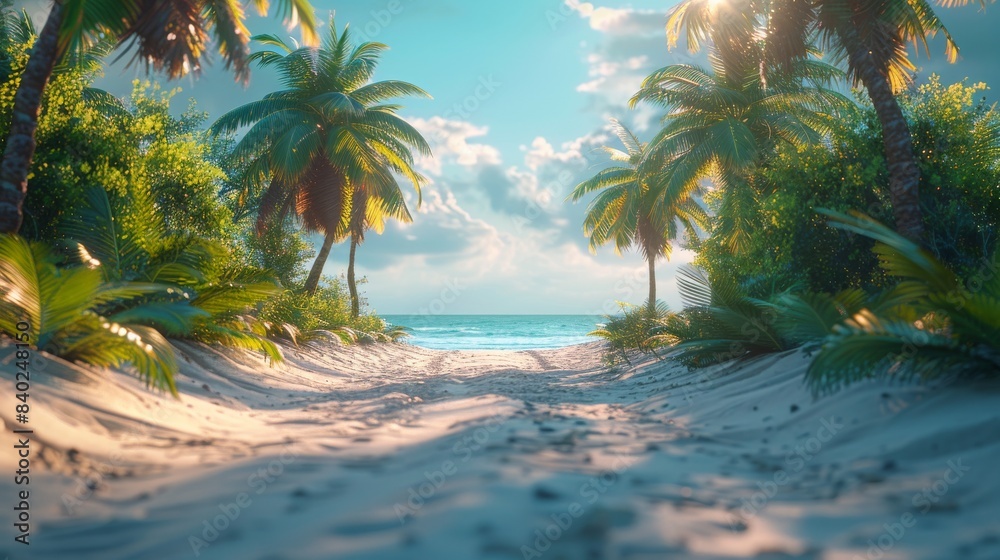 Fototapeta premium On a blue background coconut trees with beach sand are surrounded by beach sand. Summer concept. 3D rendering.