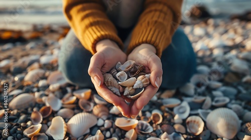 Image description: A young woman kneels on the beach, holding a handful of seashells.