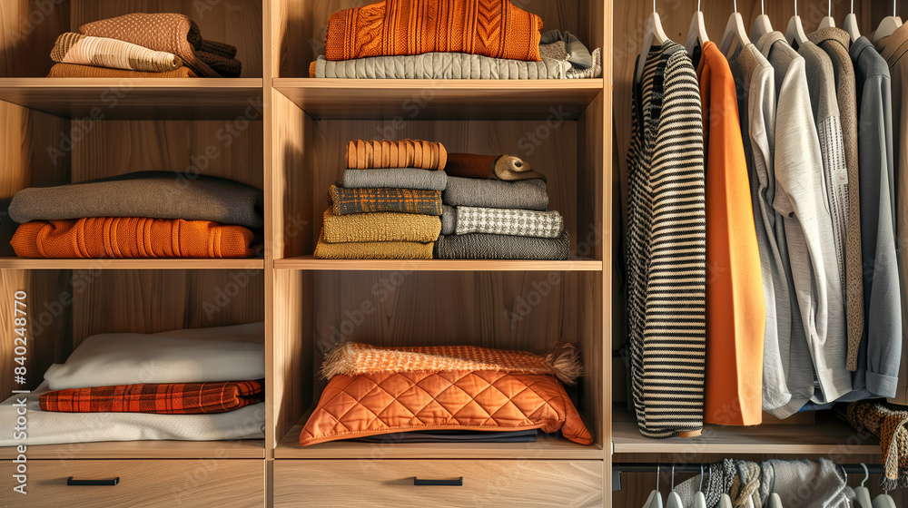 Closeup of an opened wardrobe with full of clothes in orange color tone and cozy style. Closeup of an opened wardrobe with full of clothes in orange color tone and cozy style.