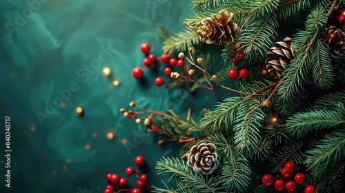 A close-up view of a Christmas tree decorated with pine cones and berries, perfect for holiday-themed projects