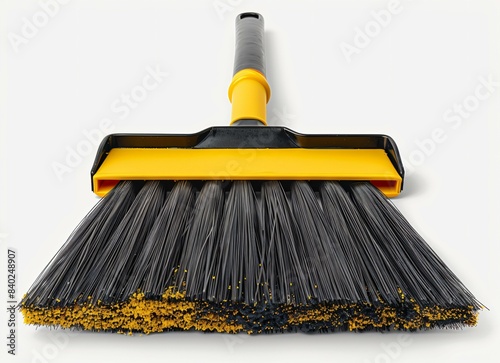 A close up of a yellow and black broom with a black handle. The broom is made of plastic and has black bristles. photo