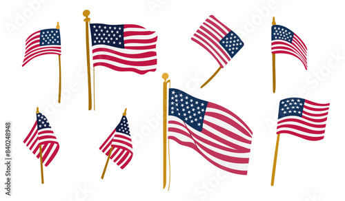 USA flag fluttering on wind flat set. Vector illustration of national American flags in different positions. Perfect for decoration on Independence, Patriot, Veterans Days
