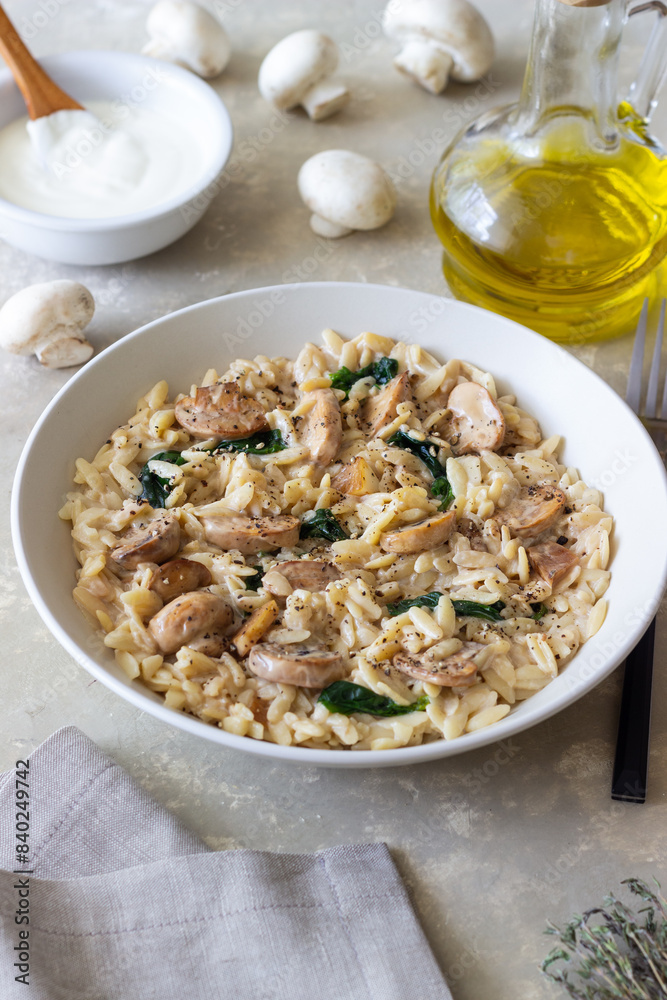 Orzo pasta with mushrooms and spinach. Italian Cuisine. Vegetarian food. Orzo pasta with mushrooms and spinach. Italian Cuisine. Vegetarian food.