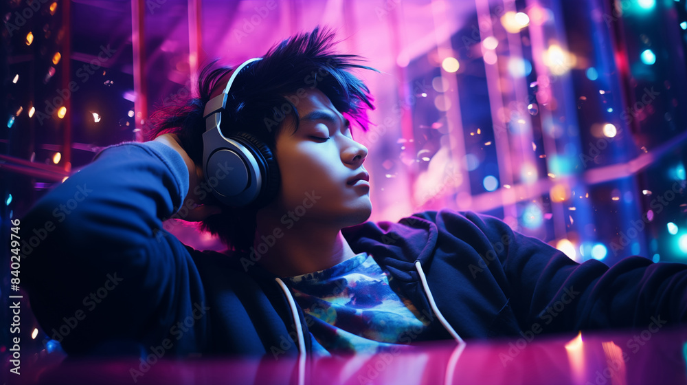 Obraz premium A young Asian man with closed eyes enjoys music through wireless headphones in a dark room illuminated by vibrant pink and purple neon lights. 