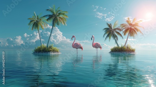 In the summer  a flamingo island floats in the sea with blue skies above. 3D rendering rendering.