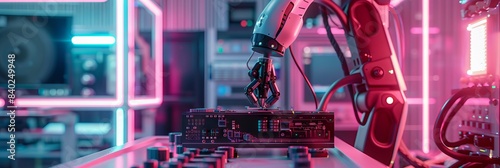 A high-tech robotic arm assembling an intricate electronic device on a modern assembly line with bright neon lights photo
