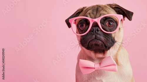 Adorable Pug with Pink Glasses and Bow Tie on Pink Background