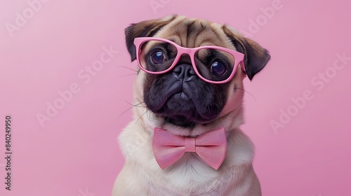 Charming Pug Wearing Pink Glasses and Bow Tie on Pink Background