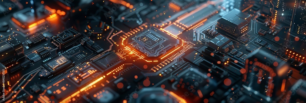 Fototapeta premium A detailed close-up of an advanced AI chip with intricate circuitry and glowing elements symbolizing cutting-edge technology