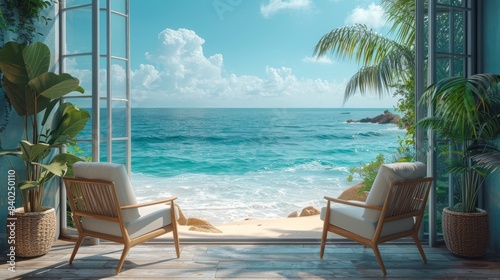 Scene of summer beach vacation with blue background. 3D rendered image