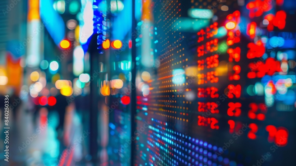 A blurred image of a stock ticker display with city lights reflecting on the screen at night. A blurred image of a stock ticker display with city lights reflecting on the screen at night.