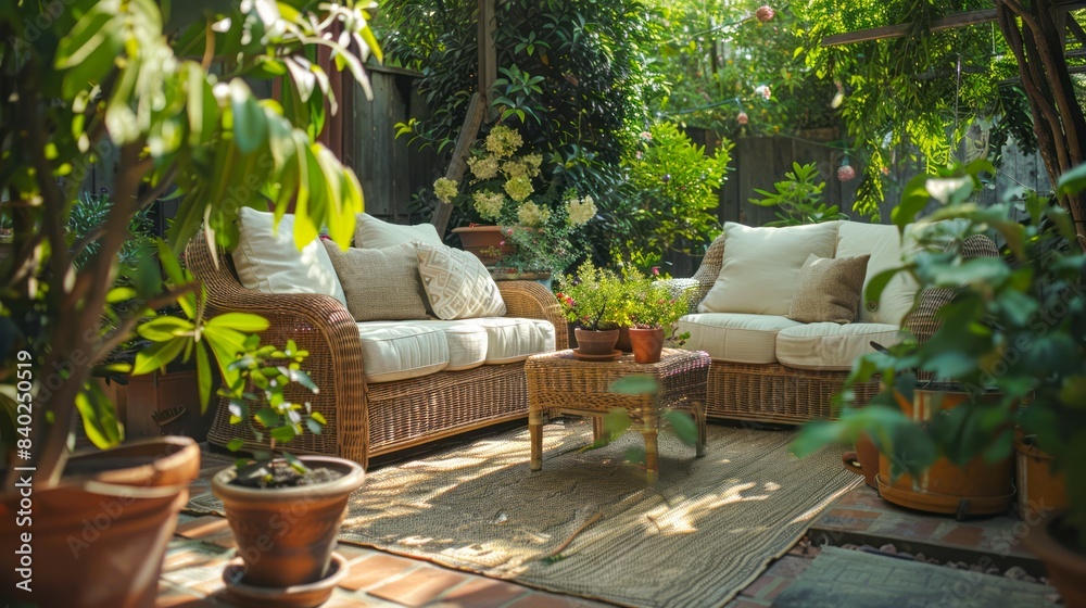 Two wicker couches with white cushions in a patio setting surrounded by potted plants and greenery Two wicker couches with white cushions in a patio setting surrounded by potted plants and greenery