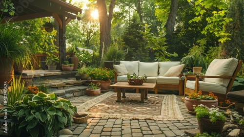 A cozy patio with white furniture and a rug, nestled among lush greenery and stone steps, bathed in the warm light of the setting sun