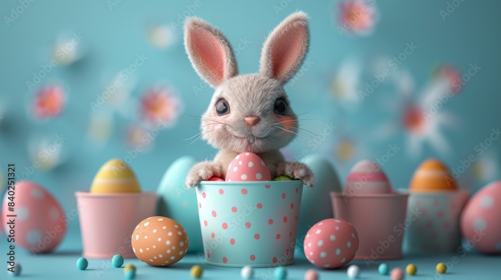 Three-dimensional rendering of a bunny with eggs in a white gift box. Happy Easter!