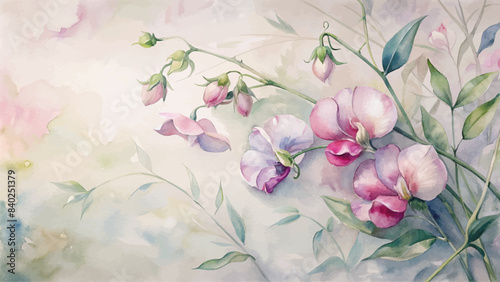 Vintage sweet peas flower watercolor background