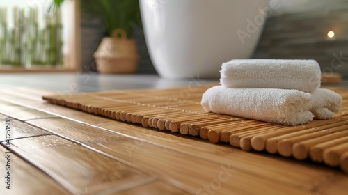 Two white towels are folded and placed on a bamboo mat in a bathroom