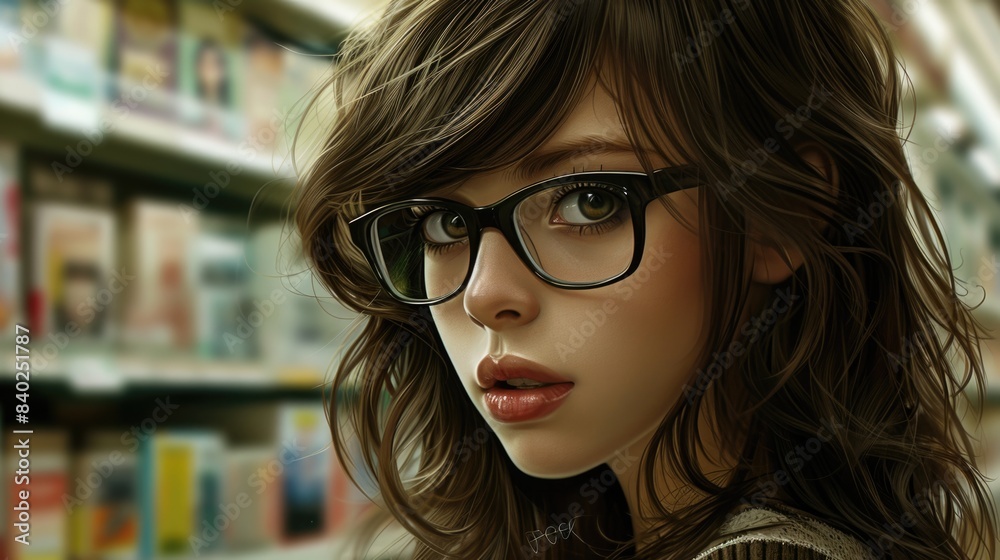 A woman is standing in front of a bookshelf, wearing glasses A woman is standing in front of a bookshelf, wearing glasses