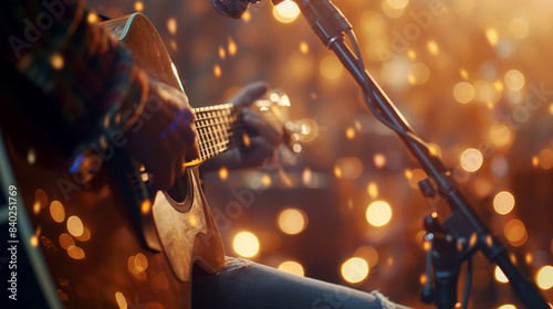 Guitarist Performing on Stage with Microphone photo