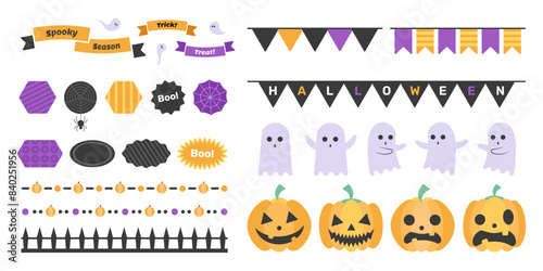 Halloween holiday flat sticker sat with flags, aesthetic dividers, pumpkins, ghosts and ribbons. Vector design elements illustration.