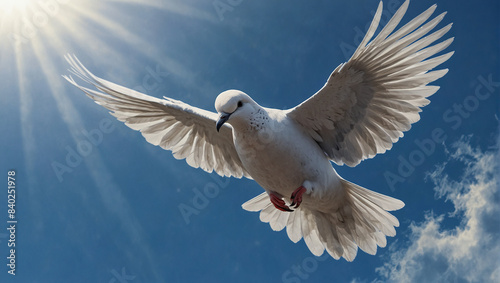 White dove in flight against the blue sky. Symbol of peace  goodness and purity
