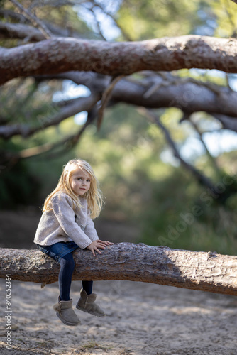 Obraz na płótnie Lovely blonde little girl sitting on a tree trunk in the forest w salonie