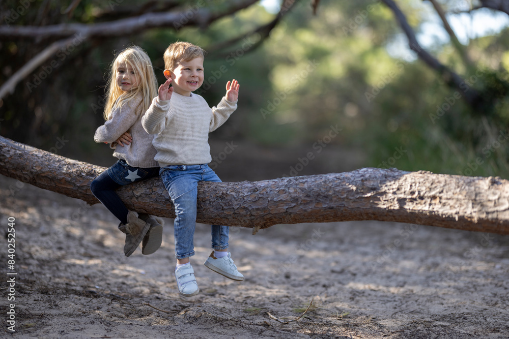 Little boy and girl having fun sitting on a trunk