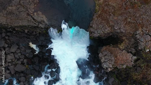 Aerial panorama of the Oxarafoss waterfalls in Iceland. Oxarafoss also called Oxararfoss is located in the Thingvellir National Park on the Oxara River. The tectonic plates of America and Eurasia. photo