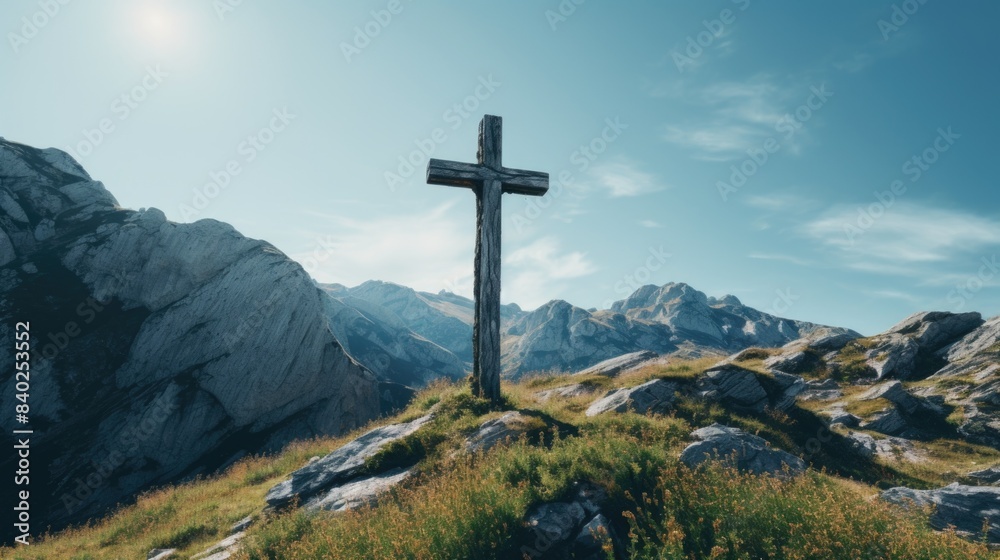 A Christian symbol perched atop a hill, overlooking majestic mountain scenery A Christian symbol perched atop a hill, overlooking majestic mountain scenery