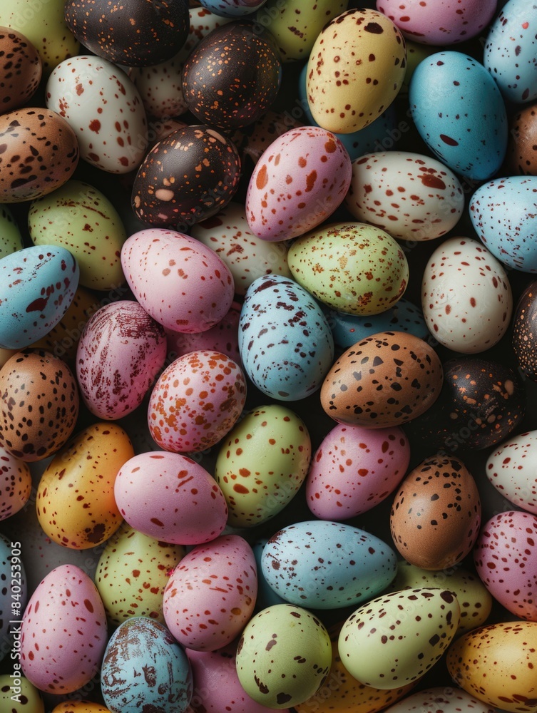 A close-up shot of a pile of colorful chocolate Easter eggs A close-up shot of a pile of colorful chocolate Easter eggs