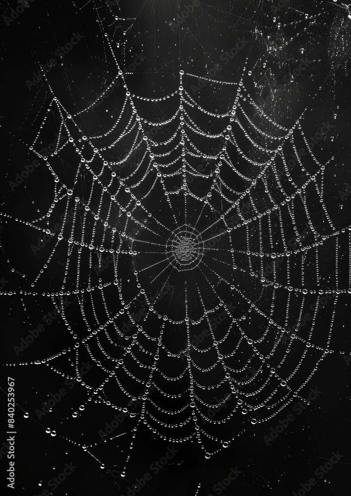 Obraz premium Close-up of dew drops on a spider web, showcasing nature's intricacy. 