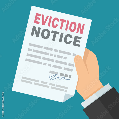 A hand presents an eviction notice isolated in flat design style