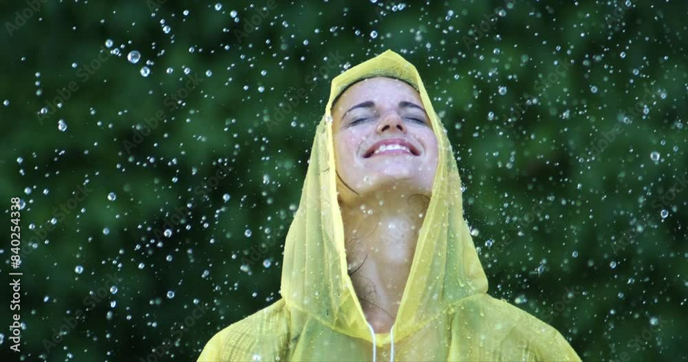 Super slow motion close up of young woman wearing yellow raincoat is feeling free and enjoying rain drops on green nature background. Freedom and happiness, connection to nature