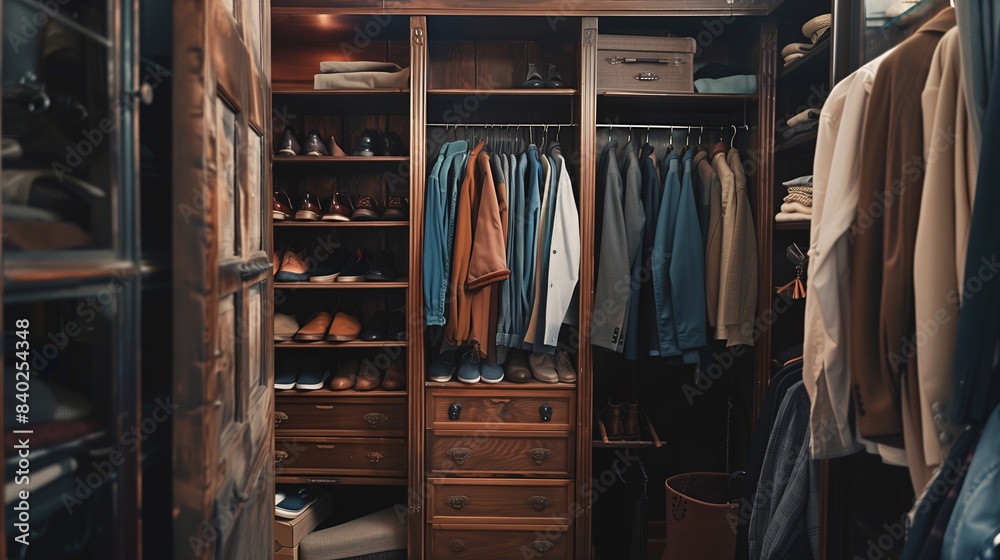Front view of an opened wooden wardrobe with full of clothes in brown color tone and cozy style. Front view of an opened wooden wardrobe with full of clothes in brown color tone and cozy style.