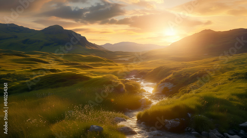 Spectacular Scottish countryside landscape features rolling hills, a meandering mountain river and a breathtaking sunset sky