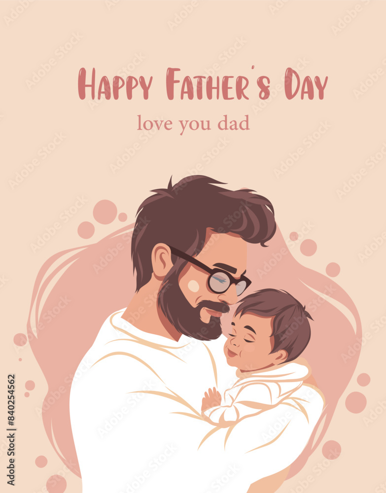 Vector holiday banner card cute, light pink beige colors, illustration of a happy father hugging his little son child daughter. Templates for Father's Day, Dad I love you, for poster, cover, postcard Vector holiday banner card cute, light pink beige colors, illustration of a happy father hugging his little son child daughter. Templates for Father's Day, Dad I love you, for poster, cover, postcard