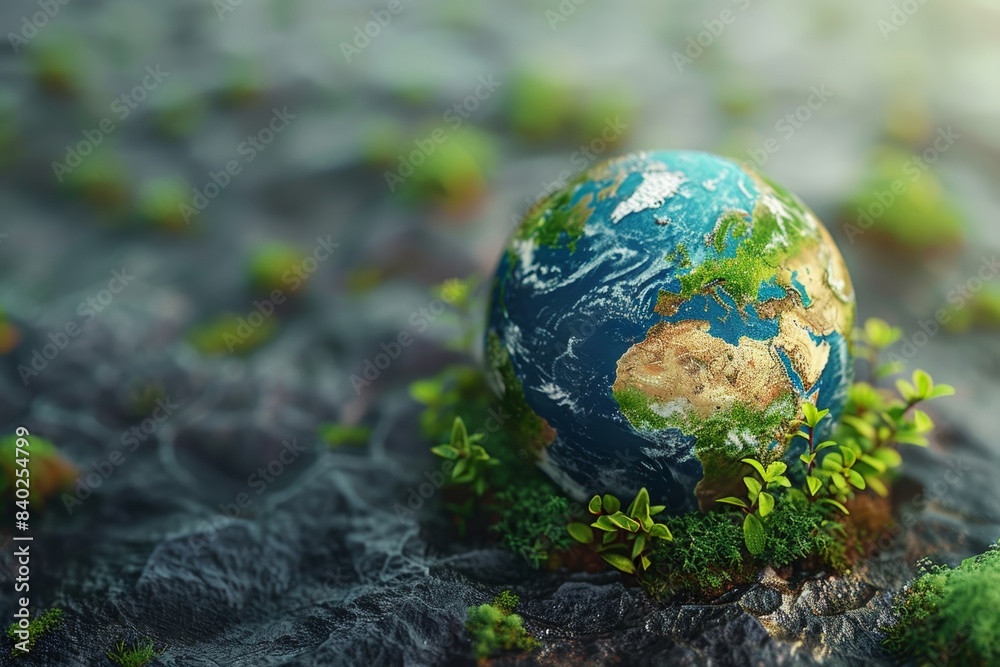 Miniature Earth surrounded by green plant life on a textured surface, highlighting the theme of global environmental conservation. Miniature Earth surrounded by green plant life on a textured surface, highlighting the theme of global environmental conservation.