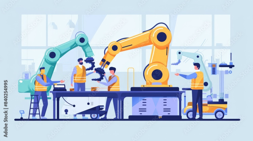 Fototapeta premium A team of engineers collaborating on a robotic arm's maintenance in a factory