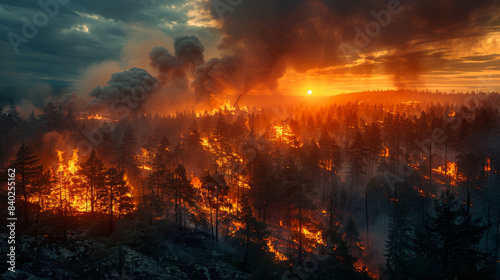 Fire forest disaster. Destructive force forest fire.