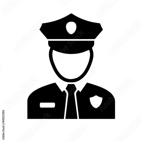 Black and White Icon of Figure in Police Officer’s Uniform, Representing Law Enforcement, Security, and Authority.