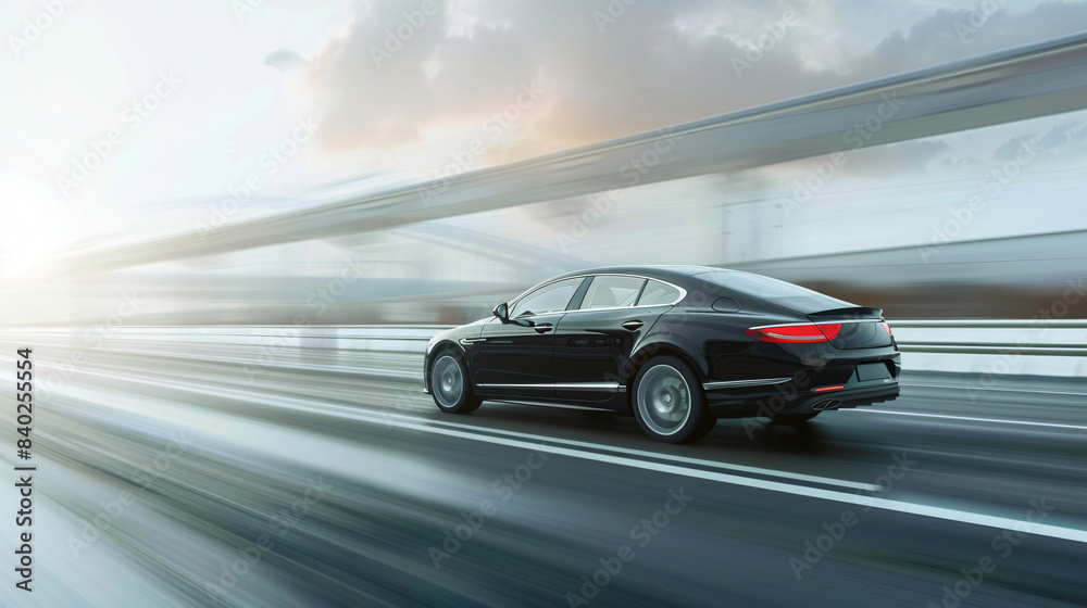 Luxury black sedan car speeding on an overpass with motion blur Luxury black sedan car speeding on an overpass with motion blur