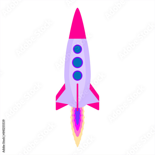 Spaceship icon in cartoon design. Rocket launch. Start up template. Business concept. Modern rocket design with three porthole. Flat style vector illustration.