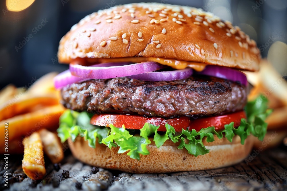 Fresh gourmet burger with a juicy beef patty, fresh lettuce, and melted cheese, showcasing the vibrant colors and detailed textures, perfect for food photography and culinary enthusiasts Fresh gourmet burger with a juicy beef patty, fresh lettuce, and melted cheese, showcasing the vibrant colors and detailed textures, perfect for food photography and culinary enthusiasts
