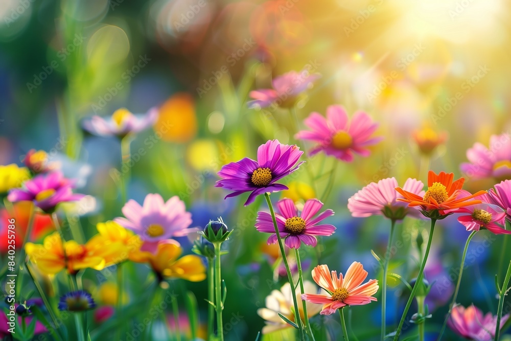 Colorful wildflowers bloom in a field bathed in summer sunshine Colorful wildflowers bloom in a field bathed in summer sunshine