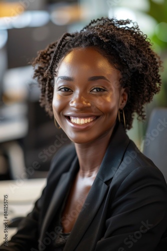 A smiling woman sits at her office desk, focused on her work