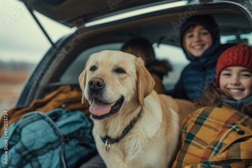 Couple relaxing in car with dog  possible road trip or commute scene