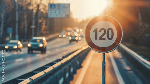 Speed limit sign of 120 km/h on a busy highway at sunset photo