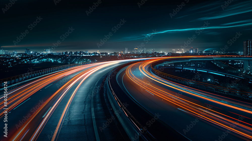 Long exposure photo of vibrant light trails on urban highways at night with a city skyline Long exposure photo of vibrant light trails on urban highways at night with a city skyline